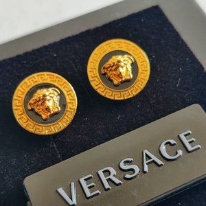 Versace Medusa Head Greek Key Stud Earrings Gold Brand New NWT